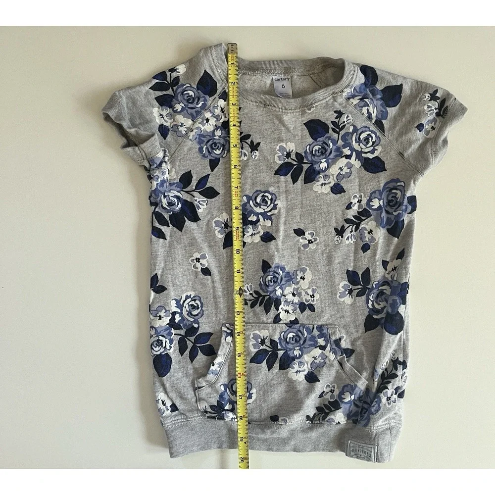 Carter's Girl's Size 6 Floral Shirt Gray 100% Cotton Kangaroo Pocket Terry